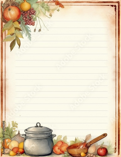 Christmas dinner watercolour vintage blank pages, autumn border and frames cooking recipe card. AI generative