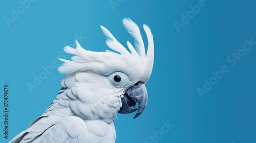 Elegant white cockatoo with crest raised, detailed portrait, isolated on blue background