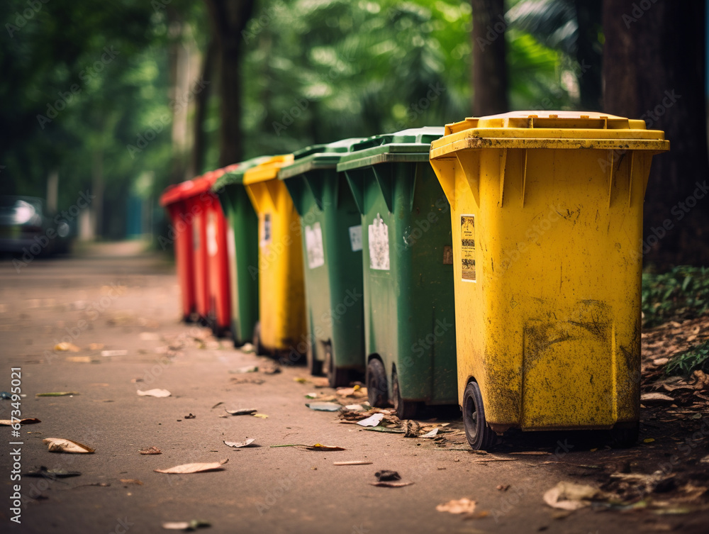 Recycling garbage bins on the city street. Recycling garbage bins on the city street.