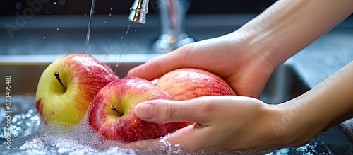 A woman s hands are cleaning an apple and an orange by placing them under the kitchen sink faucet immersing the fruits in soapy water to thoroughly cleanse them after purchasing photo
