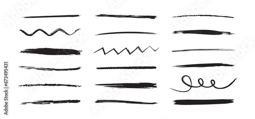 Brush line, charcoal scribble, chalk stroke, crayon mark, black pencil, pen marker, sketch graffiti, paint doodle vector set, grunge effect. Drawing ink illustration isolated on white background