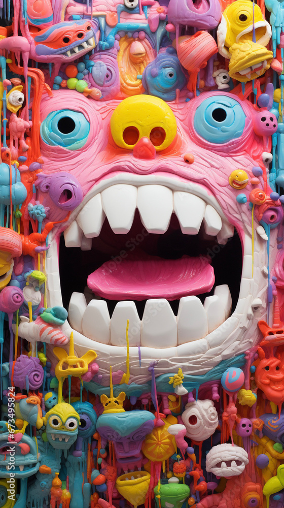 Toy Plastic Creepy Monster Face with Big Teeth Scary Pink