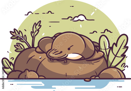 Cute cartoon bear sleeping on a rock in the water. Vector illustration.