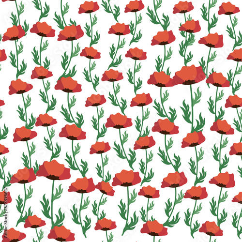 Summer seamless pattern with bright red poppy flowers and poppy pods. Field  meadow of poppies
