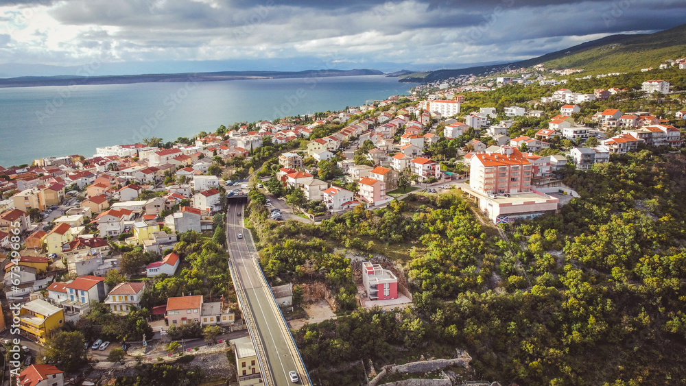 Crikvenica, small coastal town, drone, Croatia