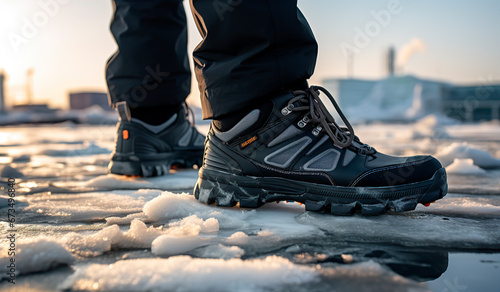 close-up of feet on ice in hiking boots