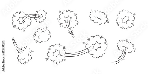 Doodle fart speed line icon. Comic dust smoke ring. Poof and jump wind, whoosh air bubble motion effect. Steam cloud outline design. Hand drawn vector illustration