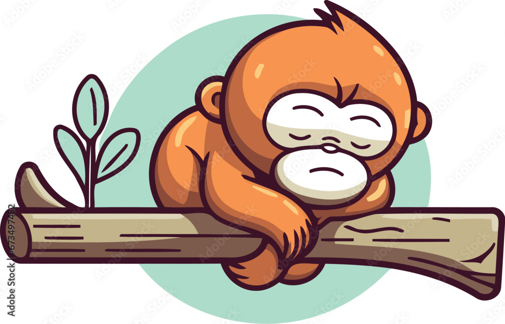 Fototapeta premium Cute cartoon monkey sitting on a tree branch. Vector illustration.