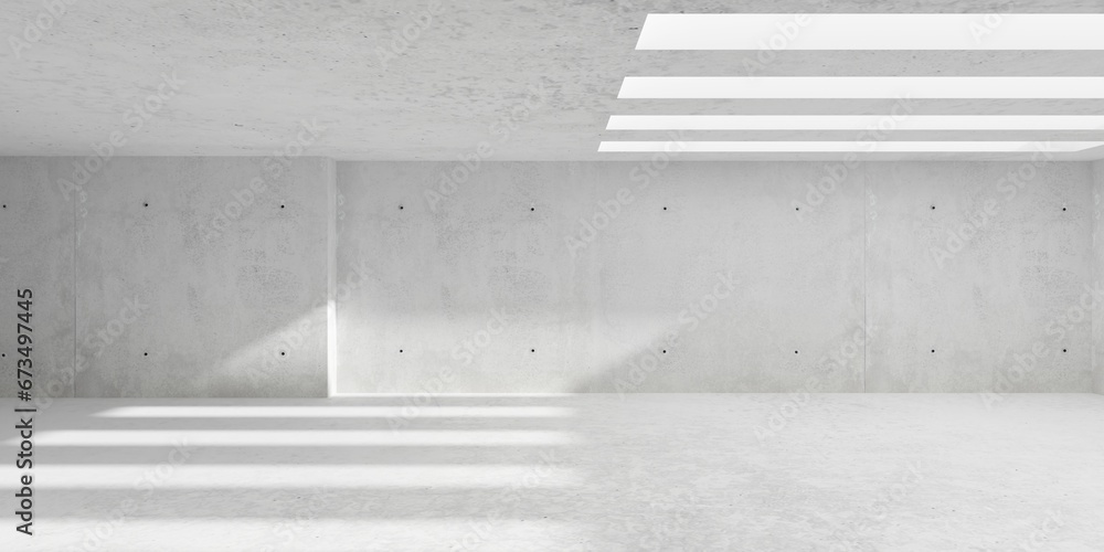 Abstract empty, modern concrete room with sunlight from horizontal ceiling openings, recess wall and rough floor - industrial interior background template - obrazy, fototapety, plakaty 