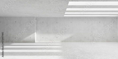 Abstract empty, modern concrete room with sunlight from horizontal ceiling openings, recess wall and rough floor - industrial interior background template photo