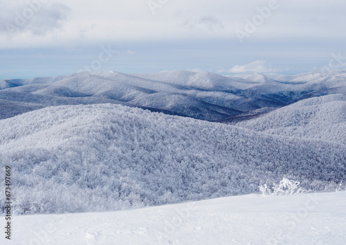 Winter mountain landscape. Snow-covered trees on mountain slopes. View from Mala Rawka to Beskid Monutain Range. Bieszczady Mountains. Poland.