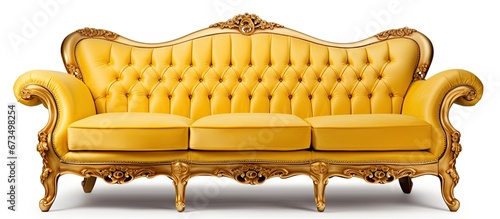 A vintage style sofa of exceptional elegance placed on a white background The sofa is adorned in a majestic golden hue and a clipping path is included