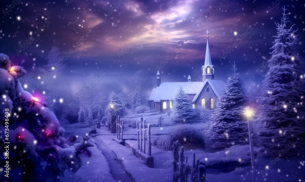 Fototapeta premium Christmas village with Snow in vintage style at night. Winter village landscape with Christmas tree with lights. Christmas Holidays. Christmas Card illustration. 
