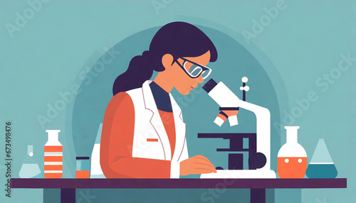 Female scientist sitting in a lab looking into microscope