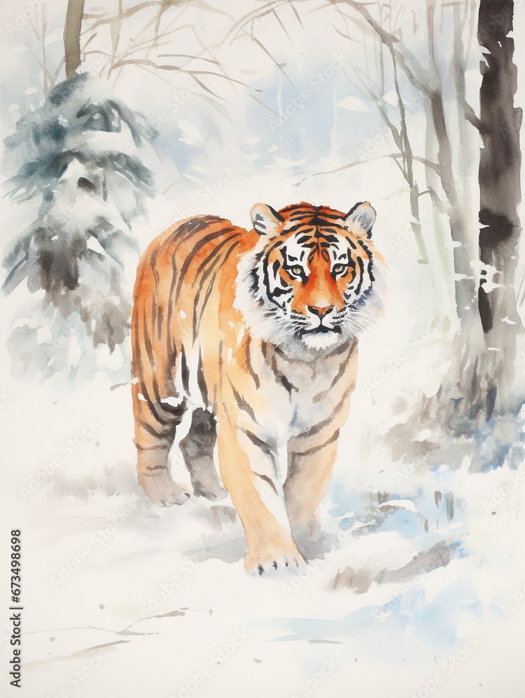 Obraz premium A Minimal Watercolor of a Tiger in a Winter Setting