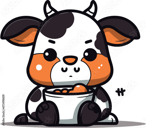 Cute cartoon cow eating a bowl of milk. Vector illustration.