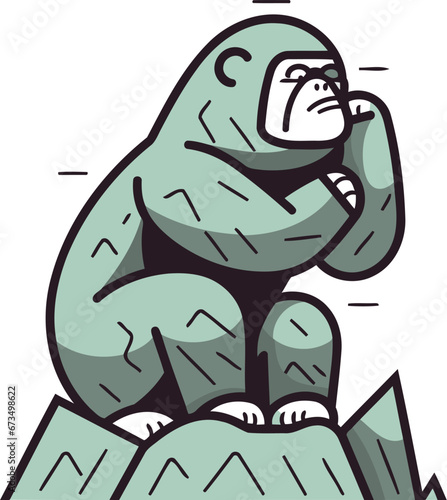 Vector illustration of angry gorilla sitting on a rock. Cartoon style.