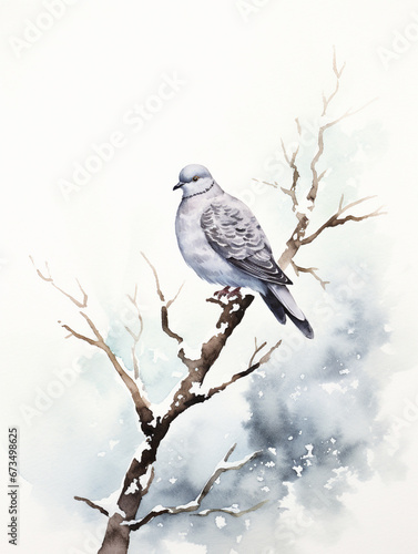 A Minimal Watercolor of a Pigeon in a Winter Setting