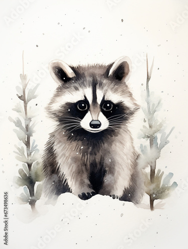 A Minimal Watercolor of a Raccoon in a Winter Setting