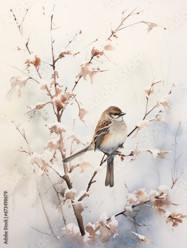 A Minimal Watercolor of a Sparrow in a Winter Setting