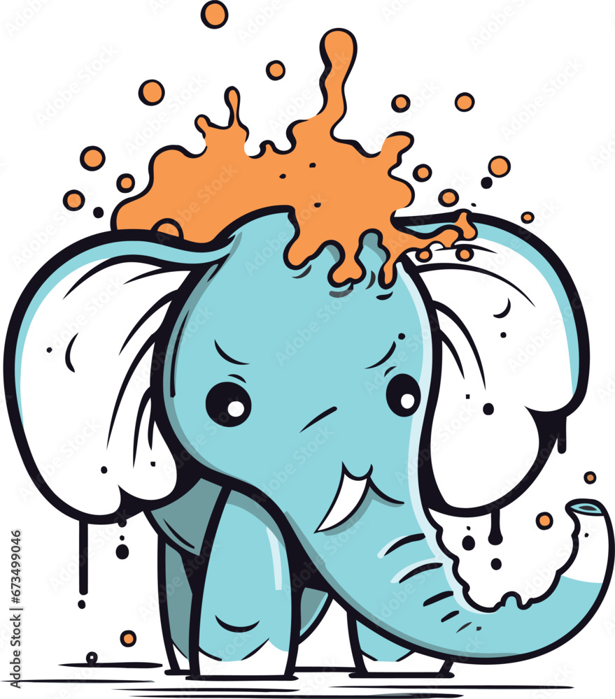 Cute cartoon elephant with splashes and drops of water. Vector illustration.