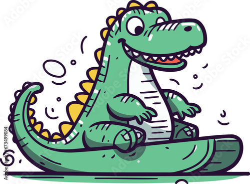 Cute cartoon crocodile sitting on a surfboard. Vector illustration.