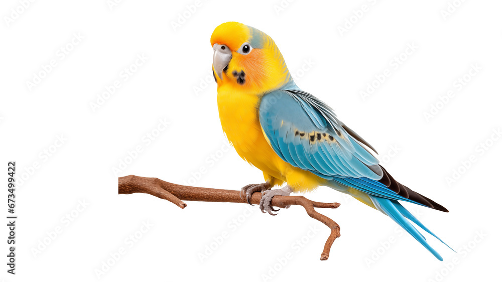 Blue and yellow parakeet, budgie perched on branch. Budgerigar bird isolated on transparent background, 