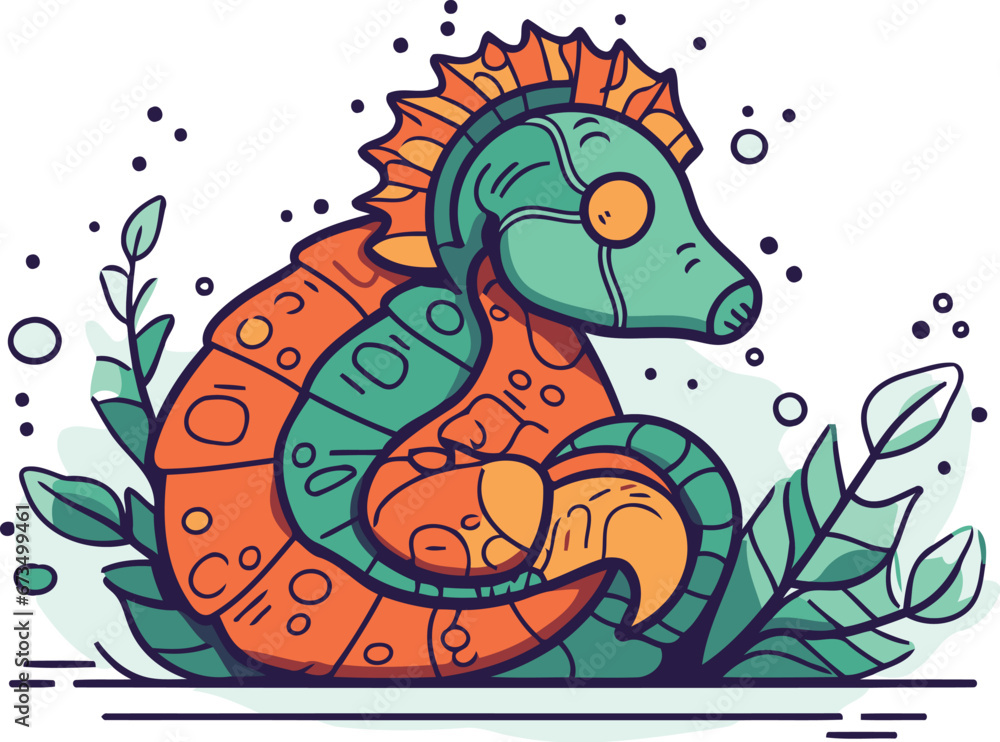 Obraz premium Sea horse. Colorful vector illustration in doodle style.