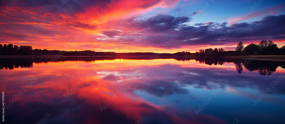 Colorful, vibrant sunset over the lake panorama banner. Horizontal landscape scene photo with copy space for text.