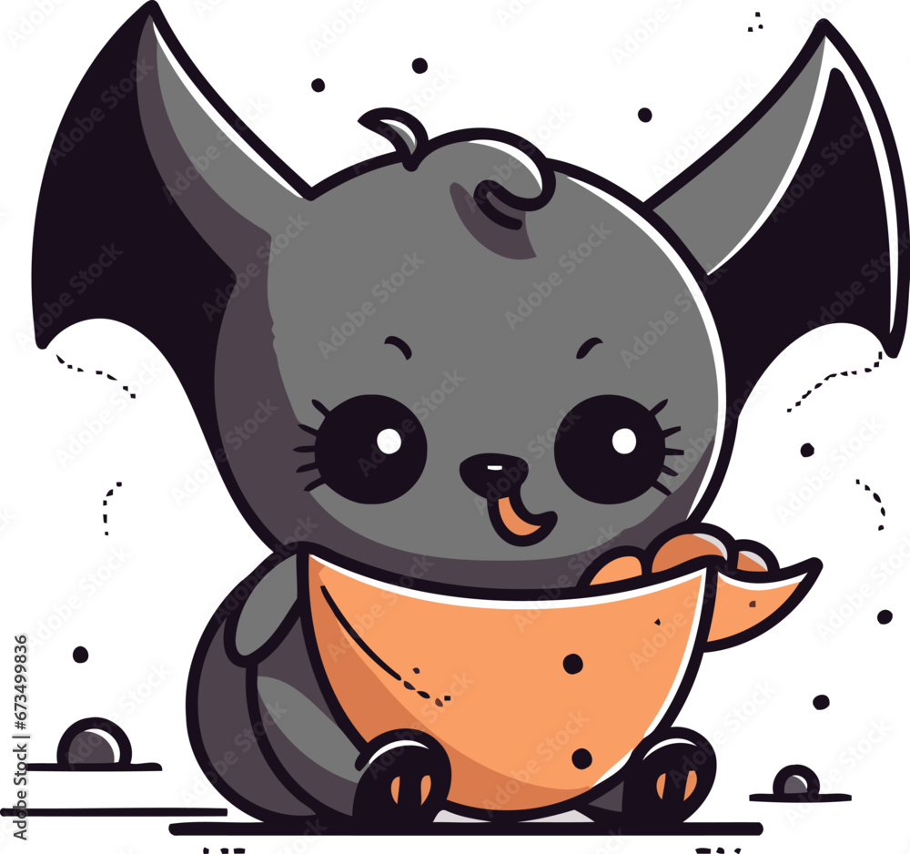 Cute cartoon bat with a bowl of food. Vector illustration. Cute cartoon bat with a bowl of food. Vector illustration.