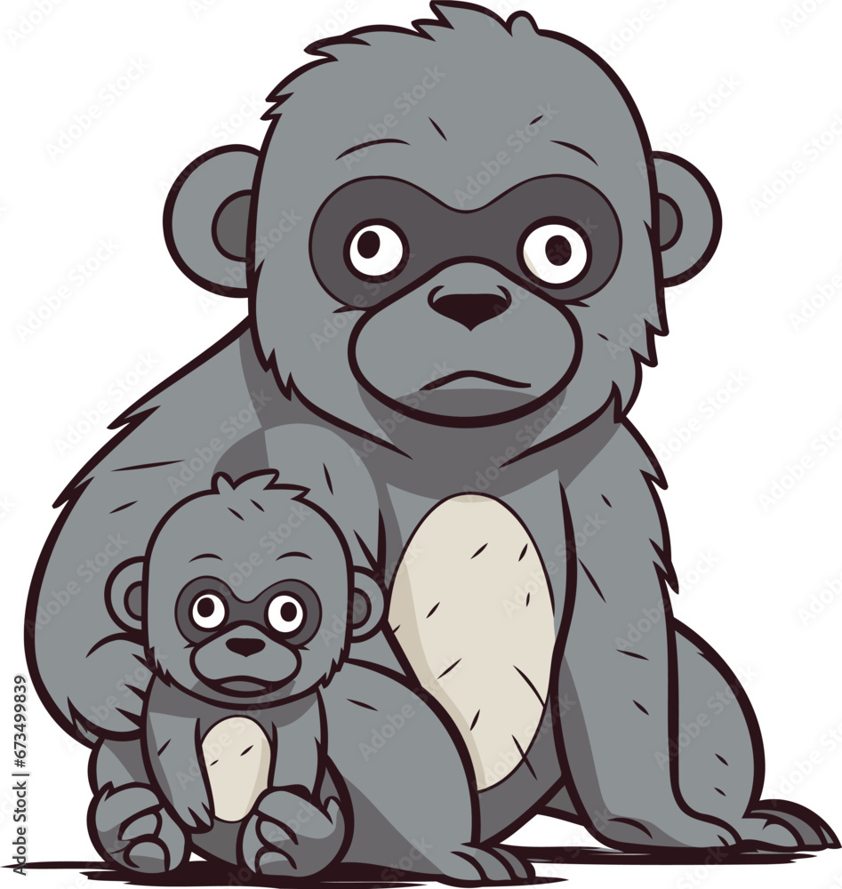 Obraz premium Gorilla with her baby. Vector illustration on white background.