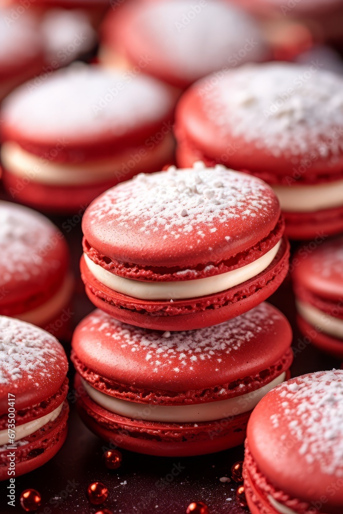 Christmas dessert idea, delicious red macarons on a platter, sweet xmas celebration gift