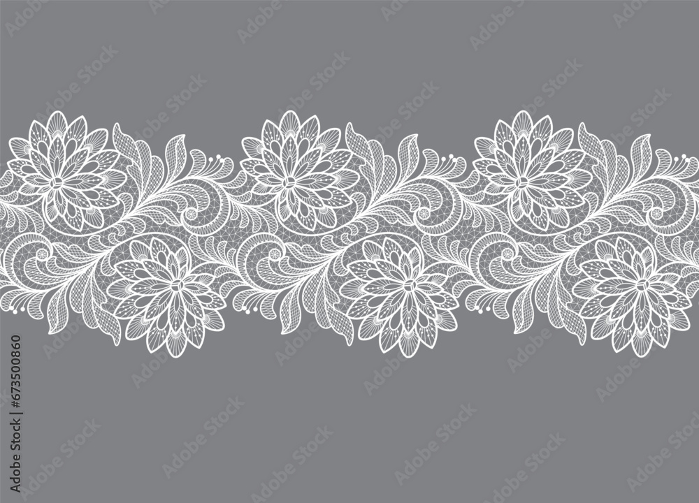 Seamless floral background with white lace leaves.Vector white lace branches with flowers - obrazy, fototapety, plakaty 