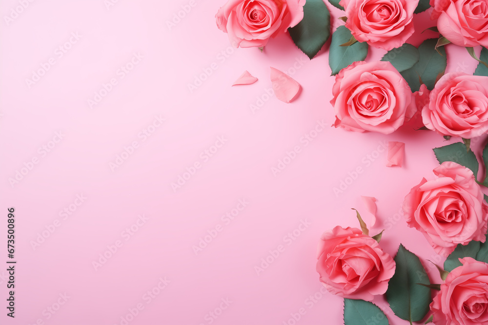 Pink Background with Soft Green Leaves and Pink Roses for Greeting Card Pink Background with Soft Green Leaves and Pink Roses for Greeting Card