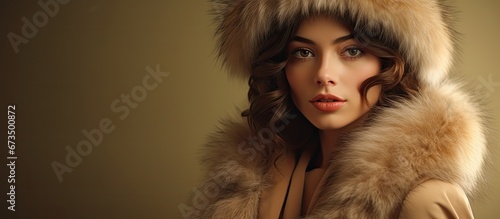 A stunning young woman with an exquisite appearance is captured in an elegant vintage portrait while adorned in a luxurious fur coat