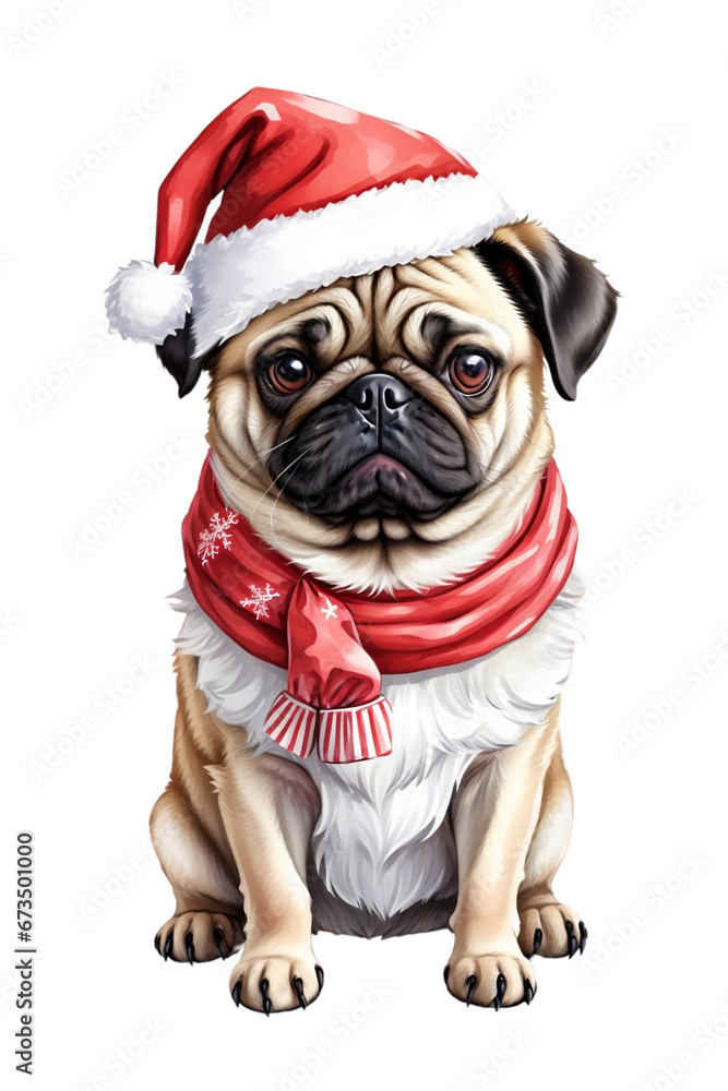  cute pug dog in santa hat on white background