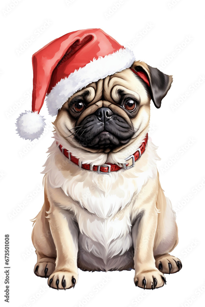  cute pug dog in santa hat on white background