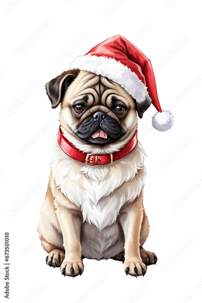  cute pug dog in santa hat on white background