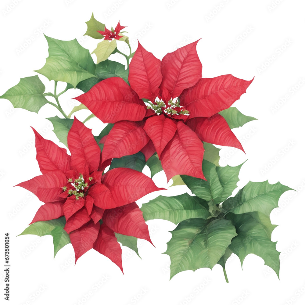  graphic poinsettia with red leaves on white background