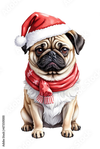  cute pug dog in santa hat on white background © Joanna Redesiuk