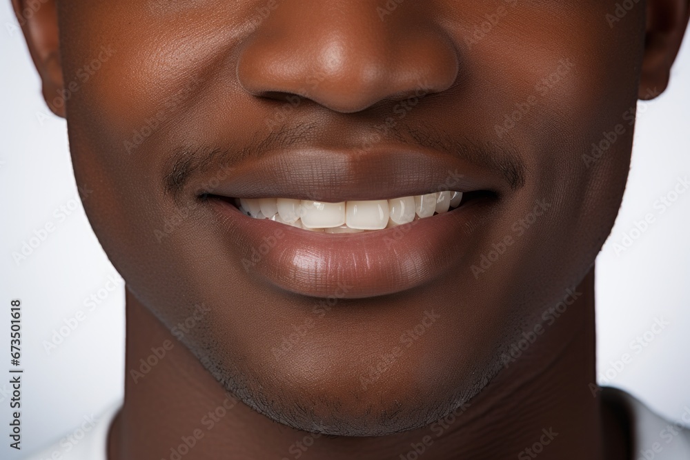 Fototapeta premium Professional odontic clinical work. Close-up of a black man with perfectly white teeth.