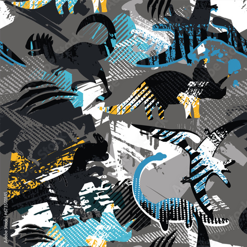 Cartoon seamless dinosaurs pattern on grunge graffiti background. Repeat dino print for kids textile, boy clothes, wrapping paper. Jurassic animals ornaments. Grunge textured ornament.