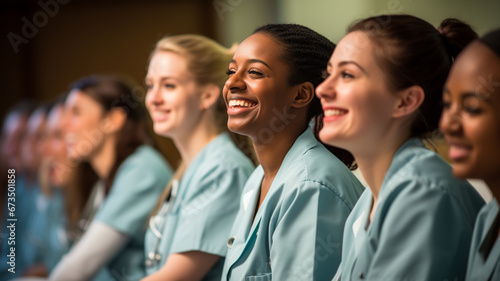 Female medical students smiling while standing in the corridor of the hospital