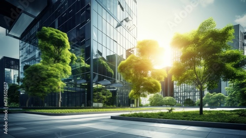 Eco-friendly building in the modern city. Green tree branches with leaves and sustainable glass building for reducing heat and carbon dioxide. Office building with green environment. Go green concept