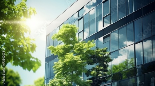 Eco-friendly building in the modern city. Green tree branches with leaves and sustainable glass building for reducing heat and carbon dioxide. Office building with green environment. Go green concept