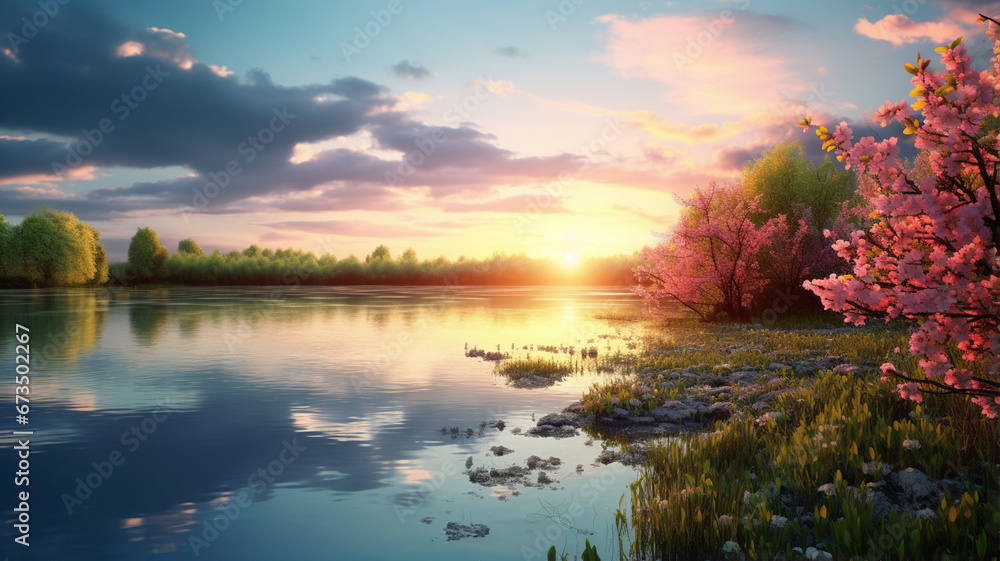 lake in sunset with reflection of trees and forest.