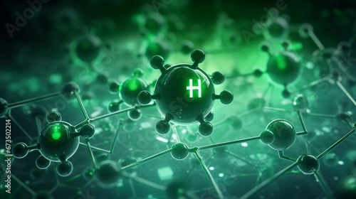 Green Hydrogen H2 gas molecule. Production of green hydrogen energy powered by renewable electricity, sustainable alternative clean hydrogen H2 eco energy, the fuel of th future industry 3D background