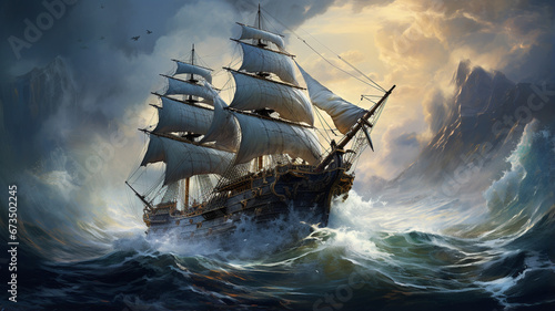 sailing ship at a beautiful sunset during a storm