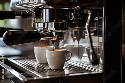 Aromatic Coffee Brewing. Close-Up of Professional Coffee Machine Pouring Fresh Coffee into White Mug