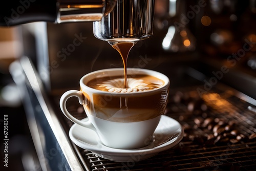 Coffee Artistry. Professional Espresso Machine Brews Scrumptious Coffee into a Gorgeous Brown Cup